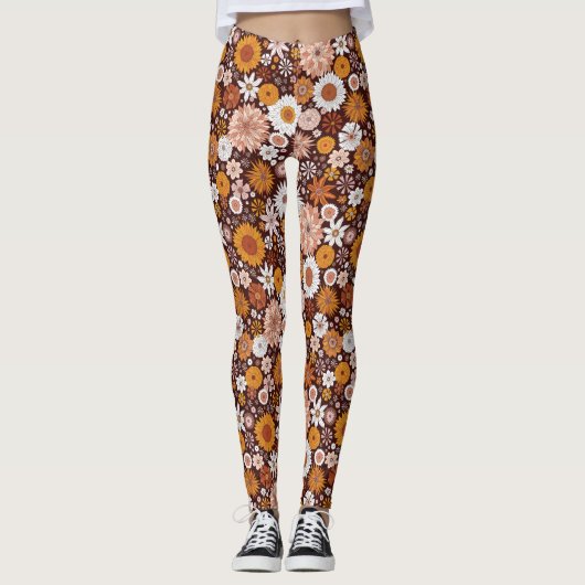 Groovy Retro Blumengartenmuster Leggings (Vorderseite)