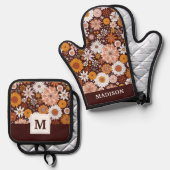 Groovy Retro Blumengartenmuster Ofenhandschuh & Topflappen-Set (Vorderseite/Rückseite)