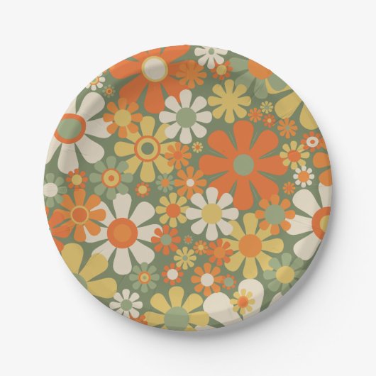 Groovy Retro Blumenmuster 60er 70er Ästhetik Pappteller (Vorderseite)