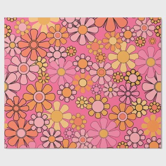 Groovy Retro Blumenmuster 60er 70er Pink Geschenkpapier (Flach)