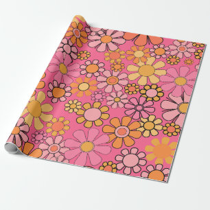 Groovy Retro Blumenmuster 60er 70er Pink Geschenkpapier