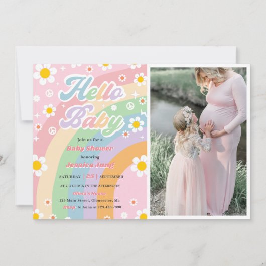 Groovy Retro Boho Daisy Hello Baby Shower Party Einladung (Vorderseite)
