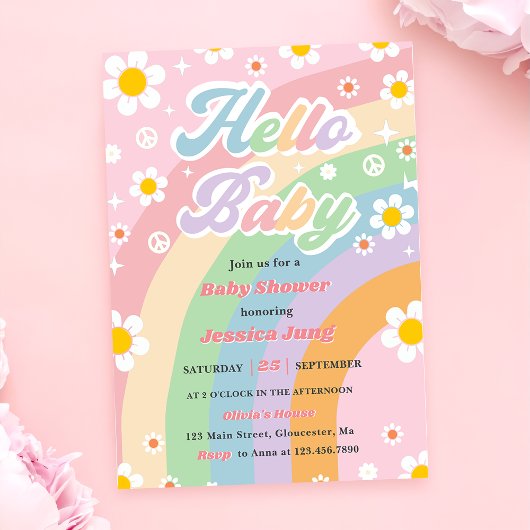 Groovy Retro Boho Daisy Hello Baby Shower Party Einladung
