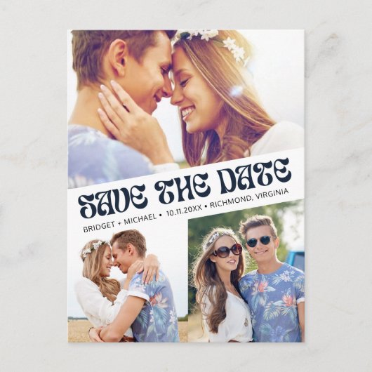 Groovy Retro Boho Foto Wedding Save the Date Ankündigungspostkarte (Vorderseite)