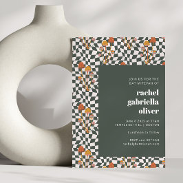 Groovy Retro Boho Green Checkerboard Bat Mitzvah Einladung