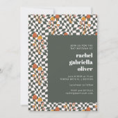 Groovy Retro Boho Green Checkerboard Bat Mitzvah Einladung (Vorderseite)