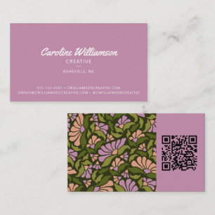 Groovy Retro Boho Lila Grün Botanisches Trendy QR Visitenkarte