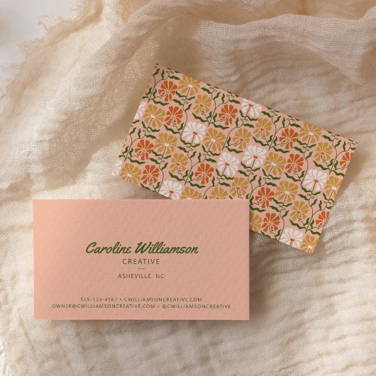 Groovy Retro Boho Peach Green Botanical Trendy Visitenkarte