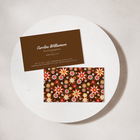 Groovy Retro Brown Orange Botanische Blume Trendy Visitenkarte