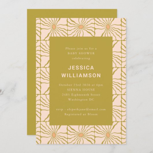 Groovy Retro Chartreuse Botanische Babydusche Einladung (Vorne/Hinten)