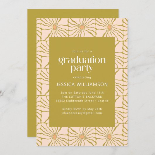 Groovy Retro Chartreuse Botanische Graduierungspar Einladung (Vorne/Hinten)