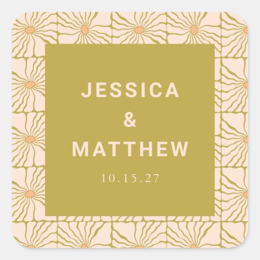 Groovy Retro Chartreuse Botanische Hochzeit Quadratischer Aufkleber (Vorderseite)