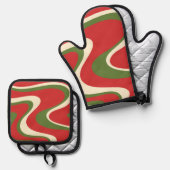 Groovy Retro Christmas Swirl Muster Ofenhandschuh & Topflappen-Set (Vorderseite/Rückseite)