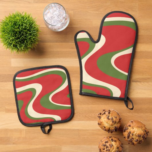 Groovy Retro Christmas Swirl Muster Ofenhandschuh & Topflappen-Set (Oben Unten)