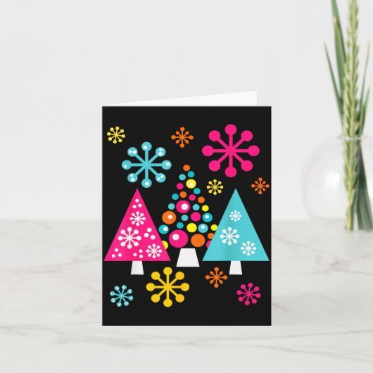 Groovy Retro Christmas Trees And Snowflakes Karte (Vorderseite)