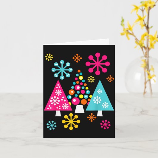 Groovy Retro Christmas Trees And Snowflakes  Karte (Gelbe Blume)