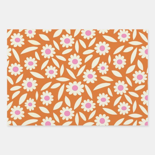 Groovy Retro Daisies Blume Muster auf orange Geschenkpapier Set (Vorderseite 3)