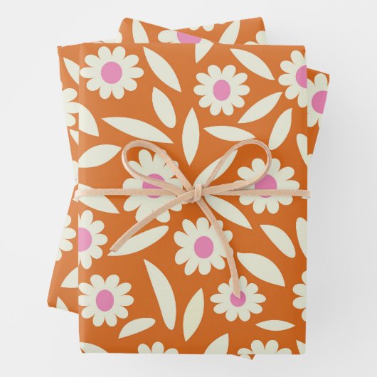 Groovy Retro Daisies Blume Muster auf orange Geschenkpapier Set (Beispiel)