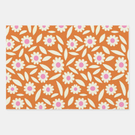 Groovy Retro Daisies Blume Muster auf orange Geschenkpapier Set