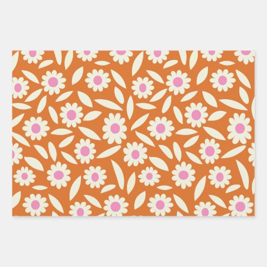 Groovy Retro Daisies Blume Muster auf orange Geschenkpapier Set (Vorderseite)