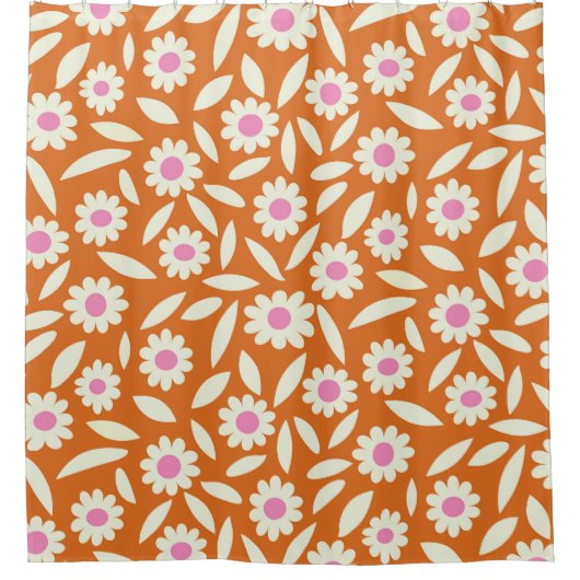 Groovy Retro Daisies Blumenmuster auf Orange Duschvorhang (Vorderseite)