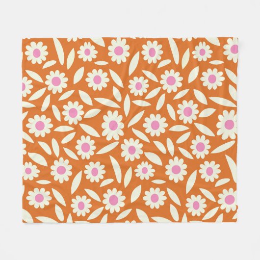 Groovy Retro Daisies Blumenmuster auf Orange Fleecedecke (Vorderseite (Horizontal))