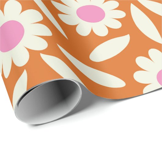 Groovy Retro Daisies Blumenmuster auf Orange Geschenkpapier (Rolleneckpunkt)