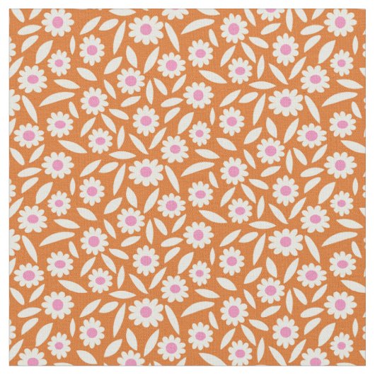 Groovy Retro Daisies Blumenmuster auf Orange Stoff (Nahaufnahme)