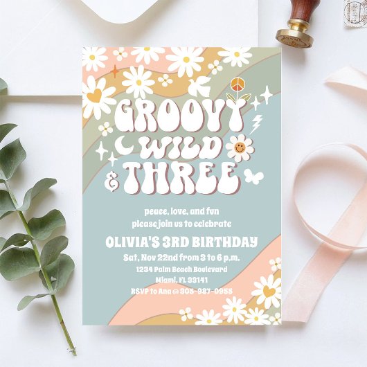 Groovy Retro Daisy 3rd Birthday Invitation Einladung