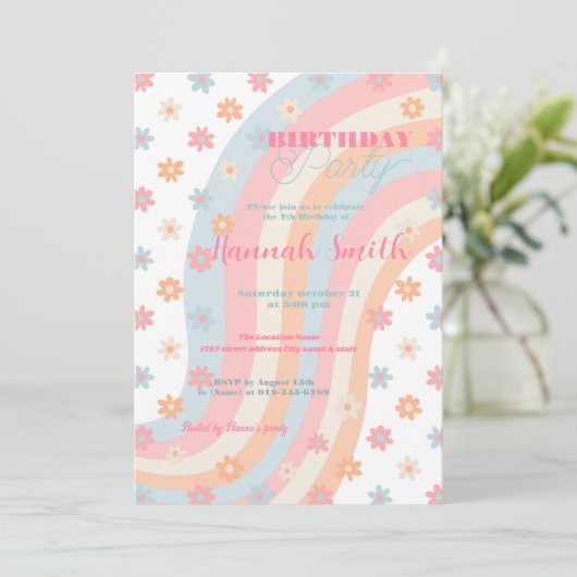 Groovy Retro Daisy Blume Boho Floral Einladung (Stehend Vorderseite)