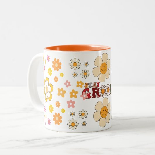 Groovy Retro Daisy Blume Pattern Boho Floral Zweifarbige Tasse (Vorderseite Links)