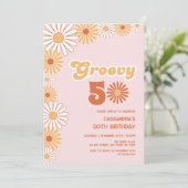 Groovy Retro Daisy Boho Orange Pink Birthday Einladung (Stehend Vorderseite)