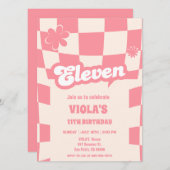 Groovy Retro Eleven Pink 11. Geburtstag Einladung (Vorne/Hinten)