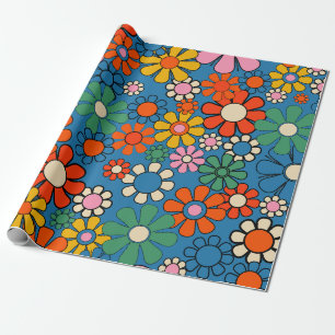 Groovy Retro Farbige 60er 70er Blumenmuster Geschenkpapier