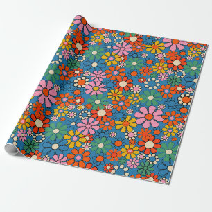 Groovy Retro Farbige 60er 70er Blumenmuster Geschenkpapier