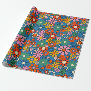 Groovy Retro Farbiger 60er 70er Floral Pattern Geschenkpapier