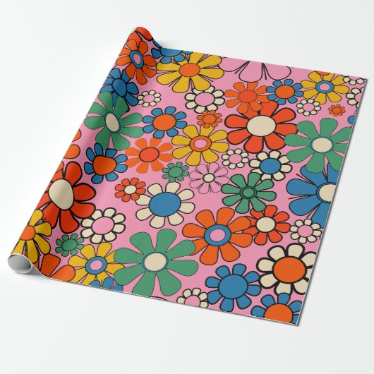 Groovy Retro Farbiger 60er 70er Floral Pattern Geschenkpapier (Ungerollt)