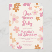 Groovy Retro Floral 1. Geburtstag Einladung (Vorne/Hinten)