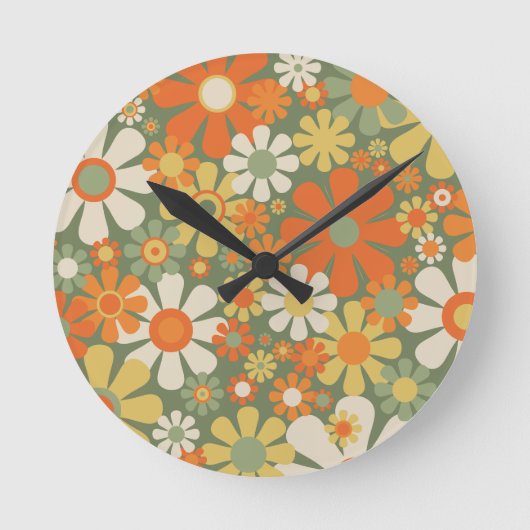 Groovy Retro Floral 60er 70er Blume Runde Wanduhr (Vorderseite)