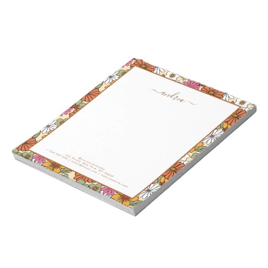 Groovy Retro Floral & Custom Business Script Name Notizblock (Rotiert)