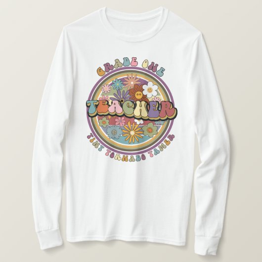 Groovy Retro Floral Daisy Grade Ein Lehrer Name T-Shirt (Design vorne)