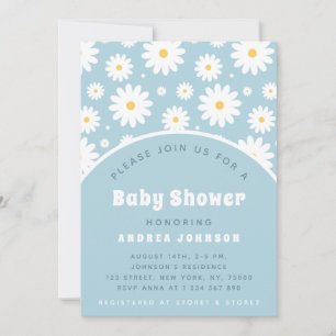 Groovy Retro Floral Dusty Blue Daisy Baby Dusche Einladung