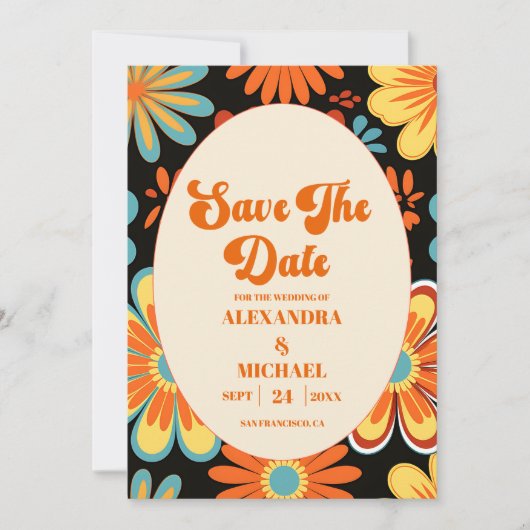 Groovy Retro Floral Wedding Save The Date (Vorderseite)