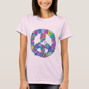 Groovy Retro Friedenszeichen u. Tauben-T - Shirt