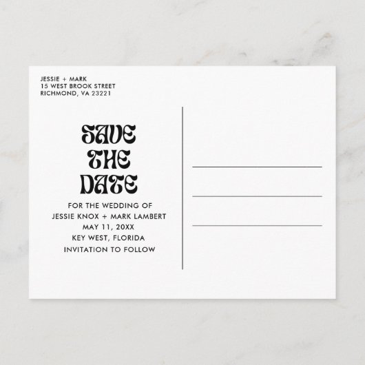 Groovy Retro Funny Wedding Save the Date Ankündigungspostkarte (Rückseite)