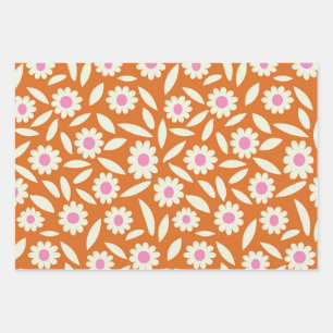 Groovy Retro Gänseblümchen Blumen Muster auf Orang Geschenkpapier Set