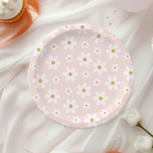 Groovy Retro Gänseblümchen Rosa Pappteller
