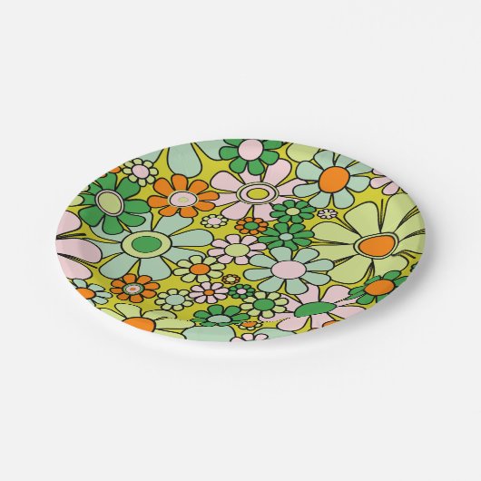 Groovy Retro Garden 60er 70er Spring Floral Patter Pappteller (Schrägansicht)