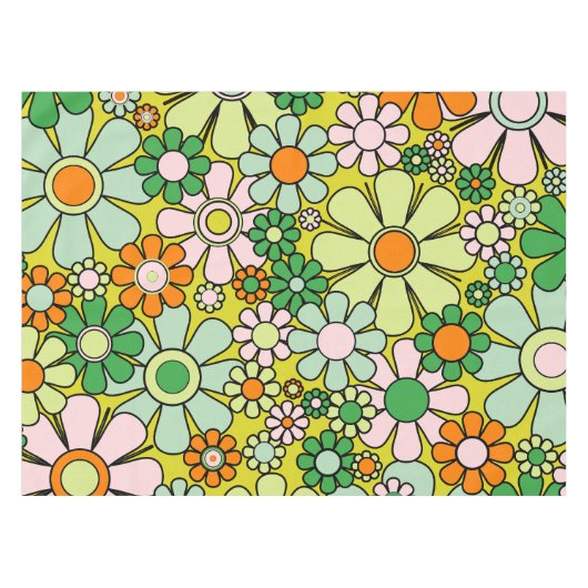 Groovy Retro Garden 60er 70er Spring Floral Patter Tischdecke (Vorderseite (Horizontal))