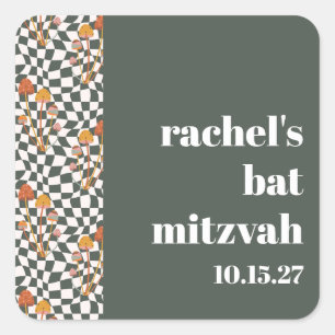 Groovy Retro Green Mushrooms Custom Bat Mitzvah Quadratischer Aufkleber